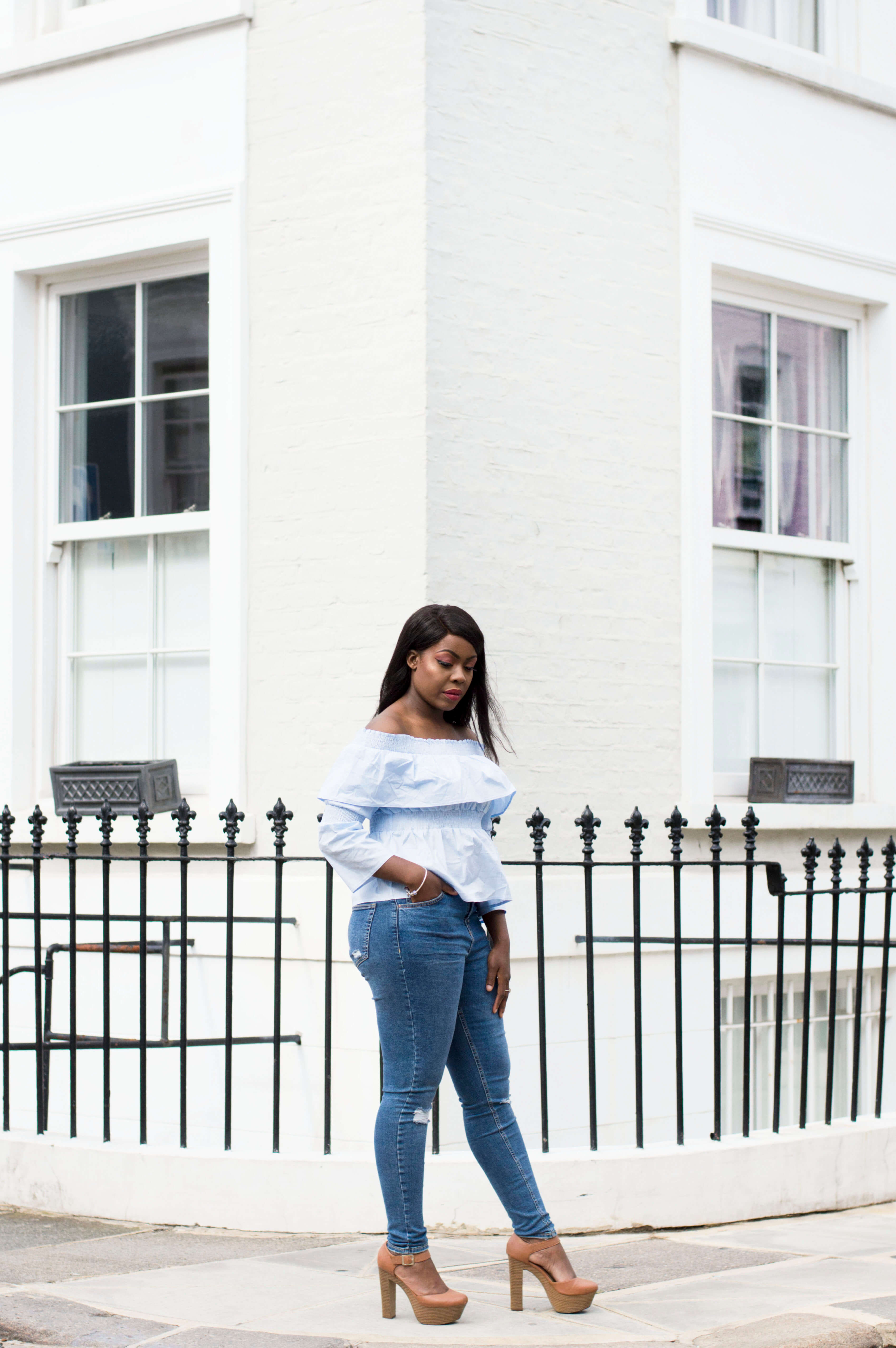 missguided baby blue off the shoulder top