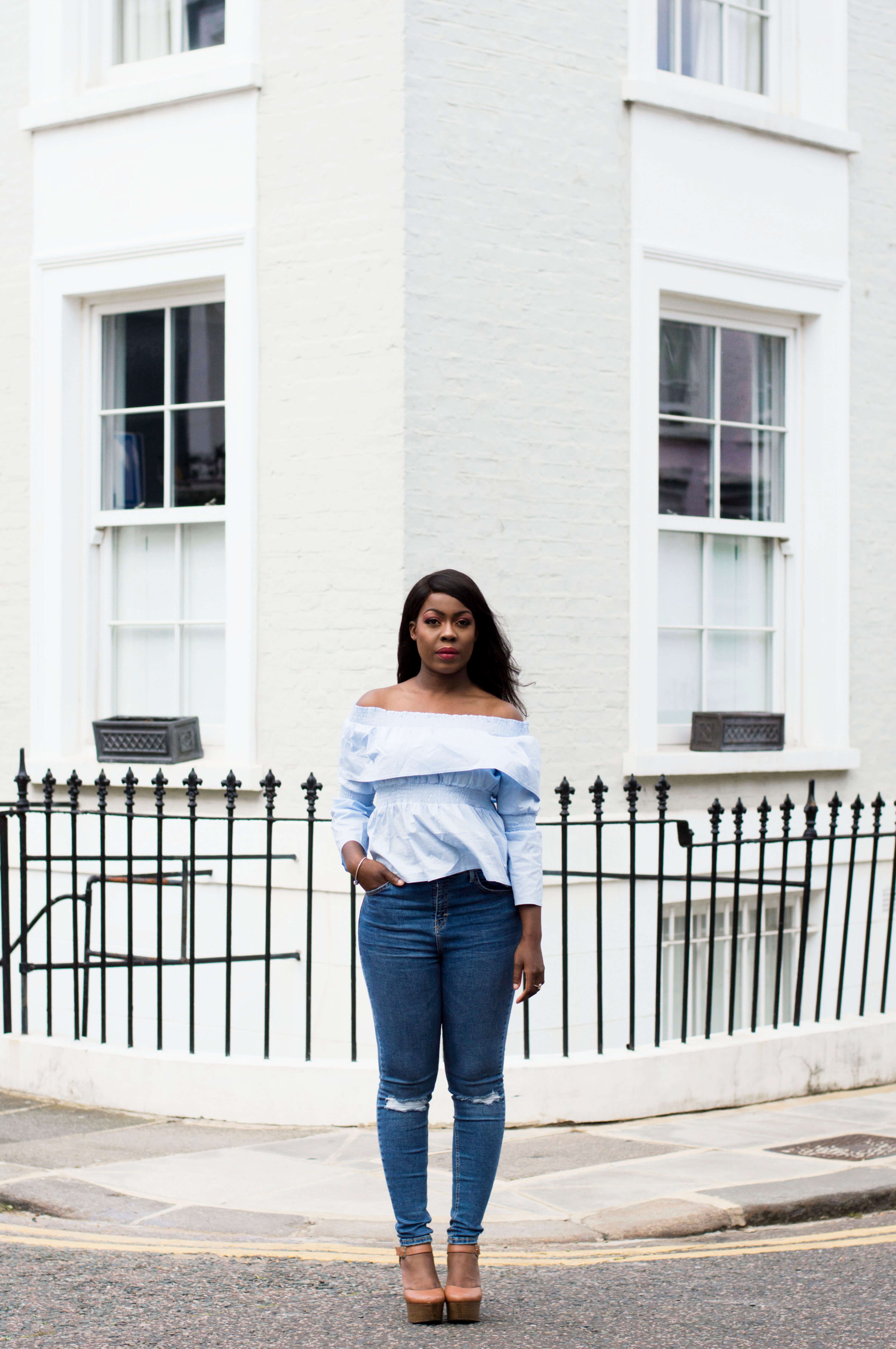 baby blue off the shoulder top