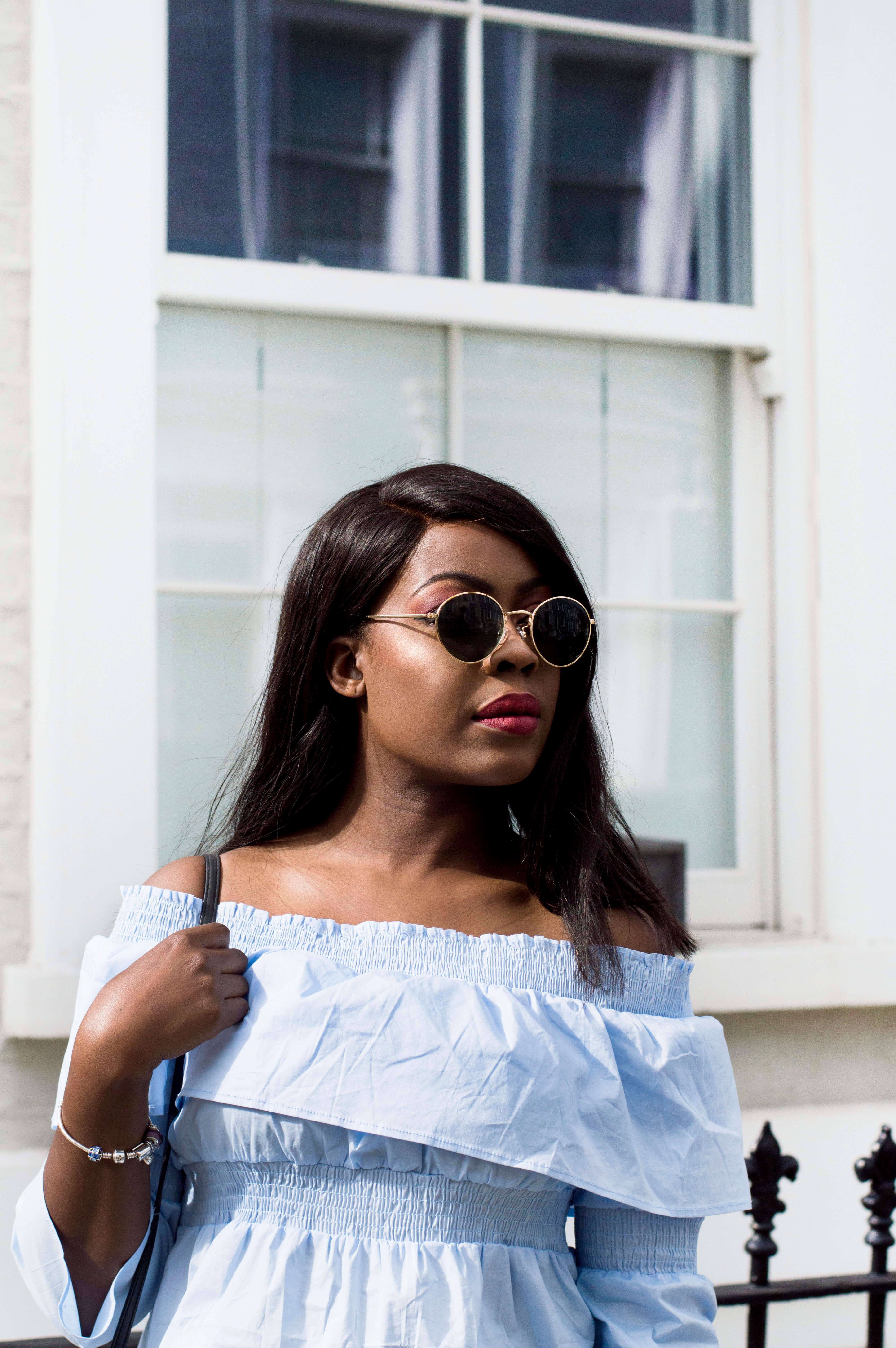 off the shoulder top baby blue