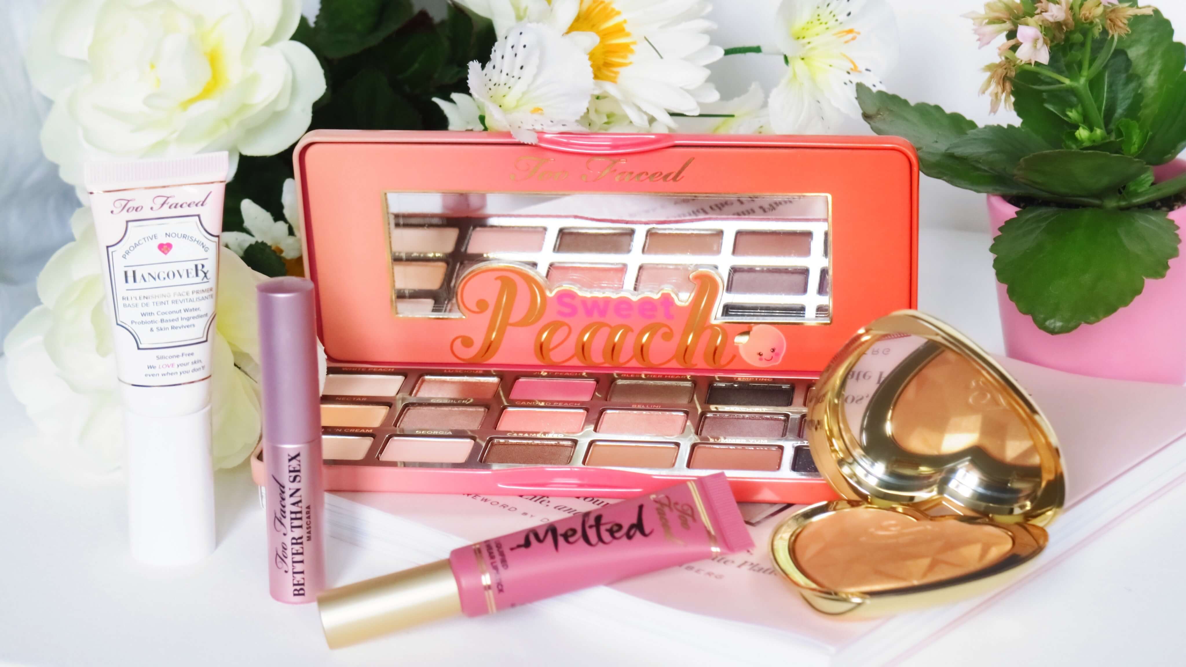 Too faced sweet peach palette, hangover face primer, better than sex mascara, melted liquefied longwear lipstick and love lights prismatic highlighter review